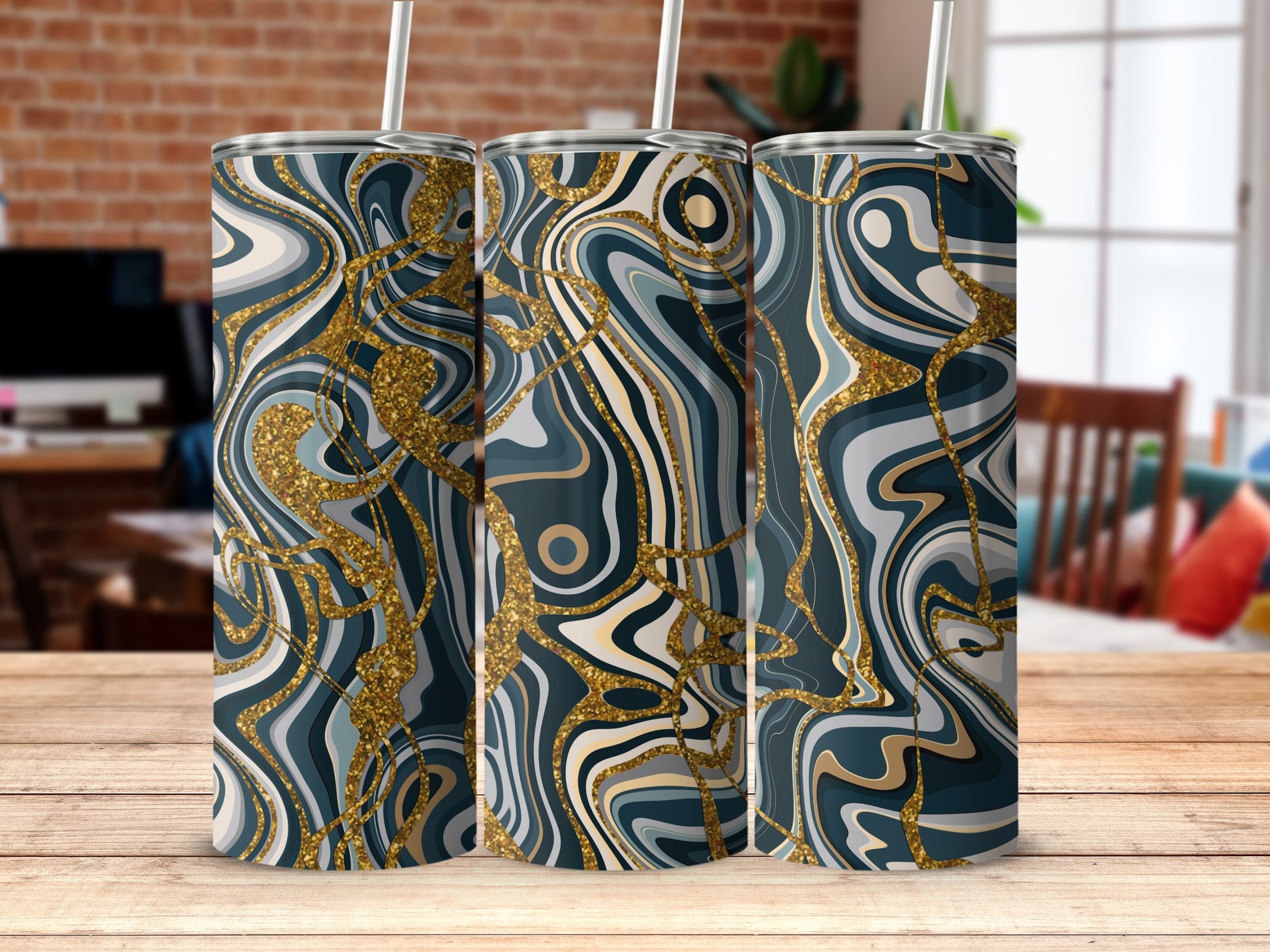 Abstract Gold and Blue Swirl Pattern Tumbler Product