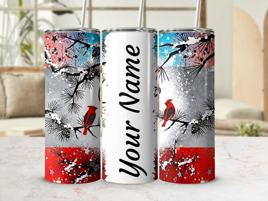 Personalized Cardinal and Pine Tree Design Tumbler
