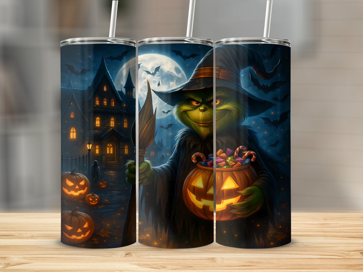 Grinch character in witch hat holding pumpkin candy bucket on spooky Halloween background.