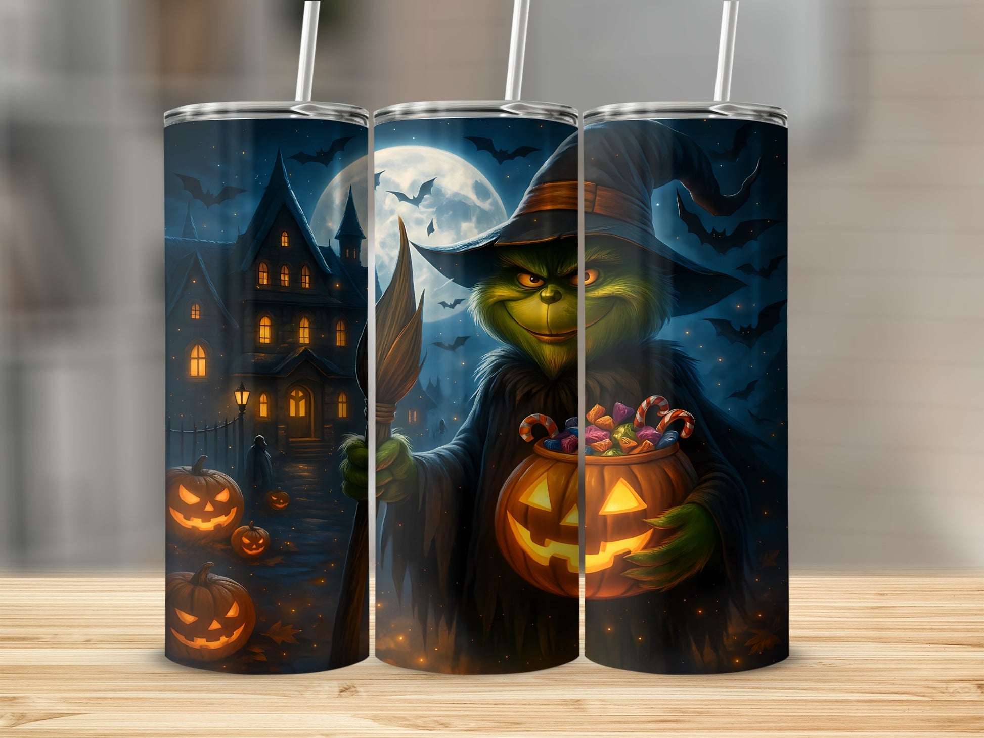 Grinch character in witch hat holding pumpkin candy bucket on spooky Halloween background.