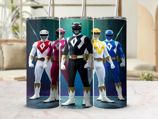 Five Power Rangers standing in a row, each in a different colored suit.