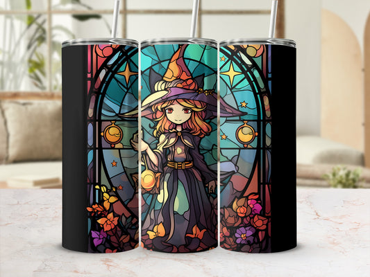 Witch with lantern against stained glass window background on tumblers.