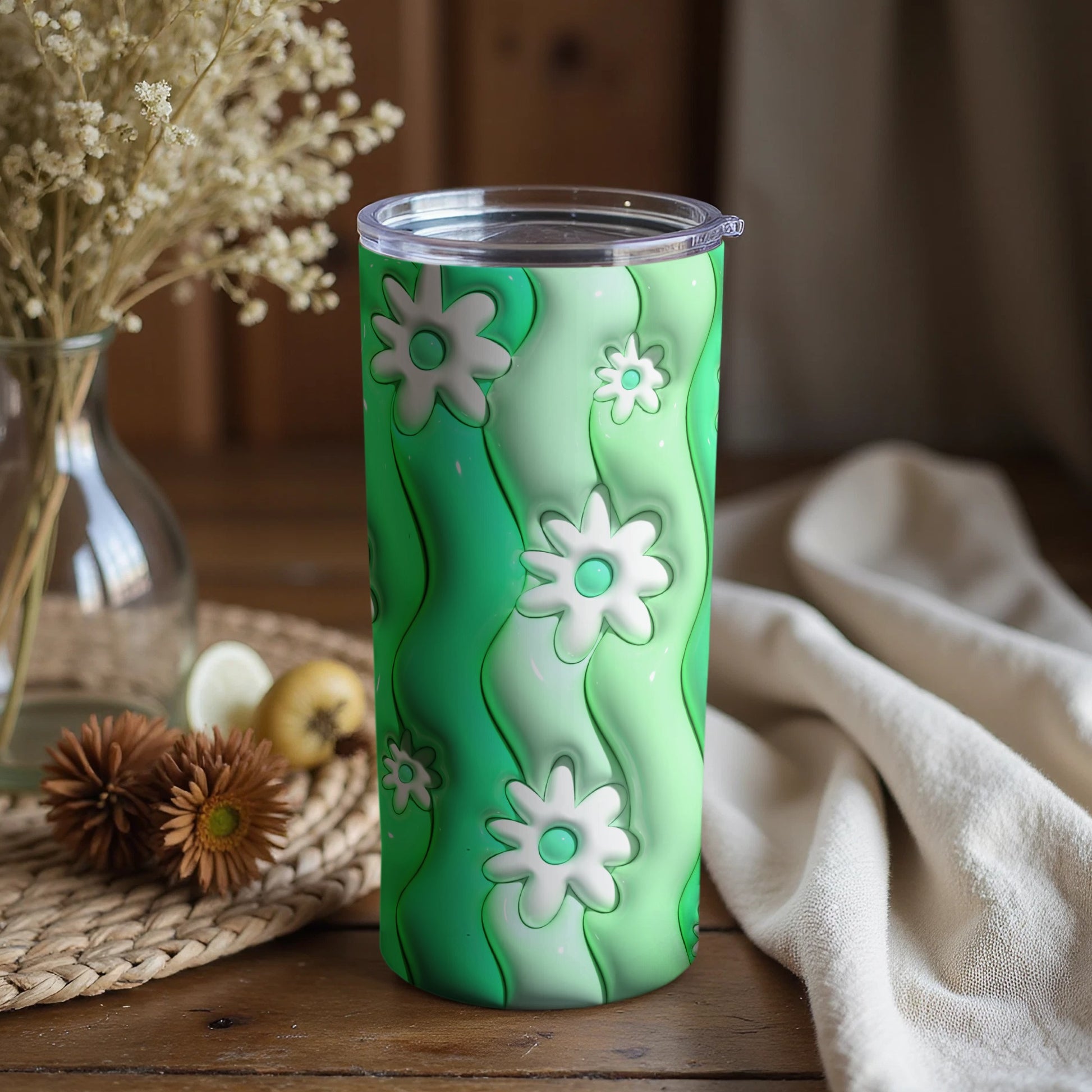 Green and White Floral Pattern Stainless Steel Tumbler