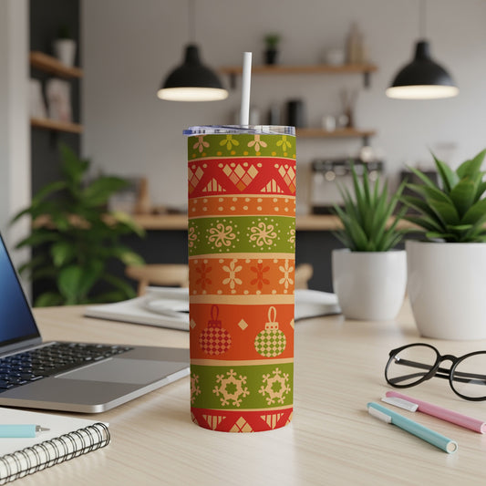 Green, orange, and red striped tumbler with Christmas ornaments and geometric patterns.