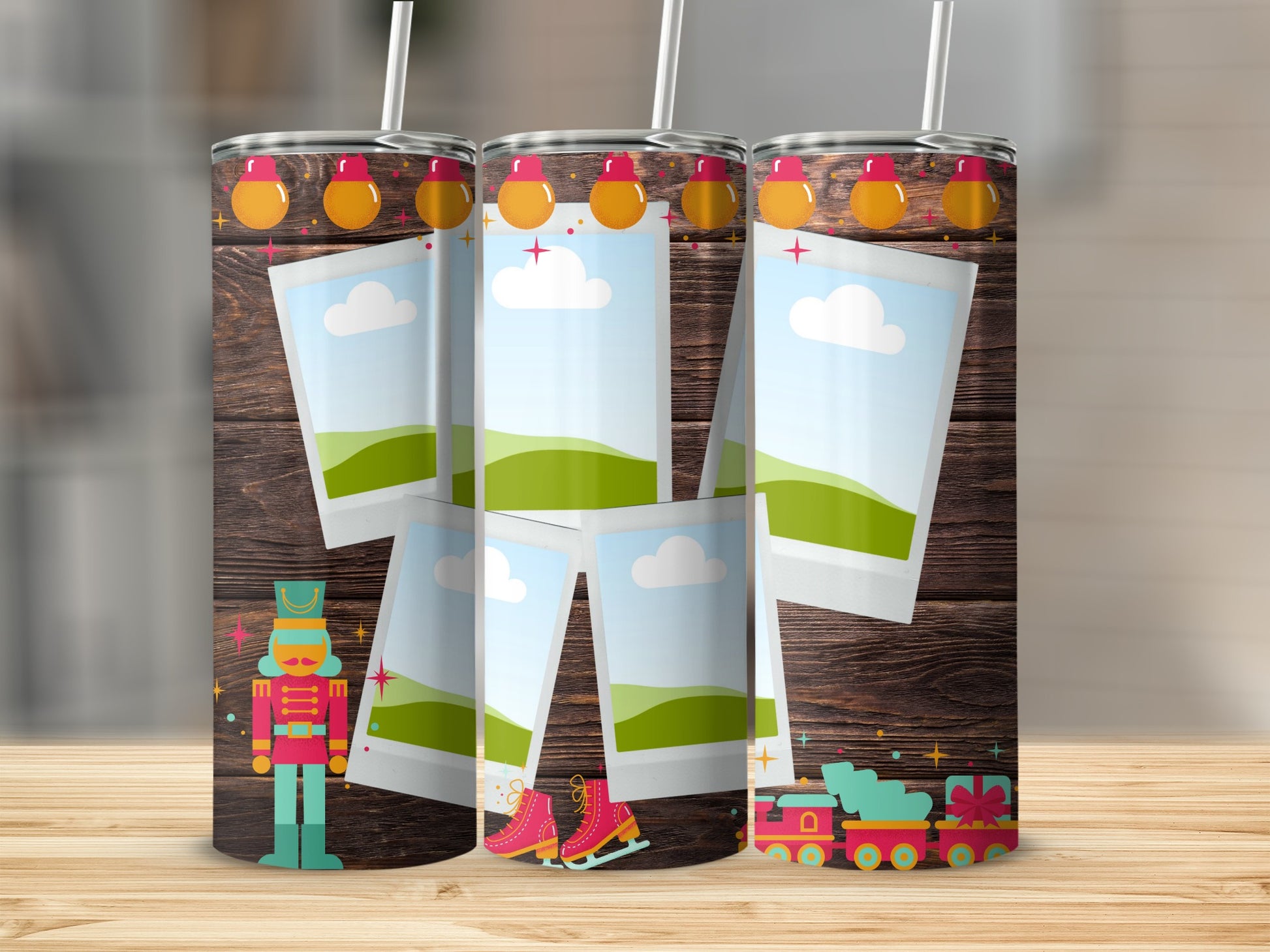 Tumbler with wooden background, vintage photos, nutcracker, skates, and toy train.