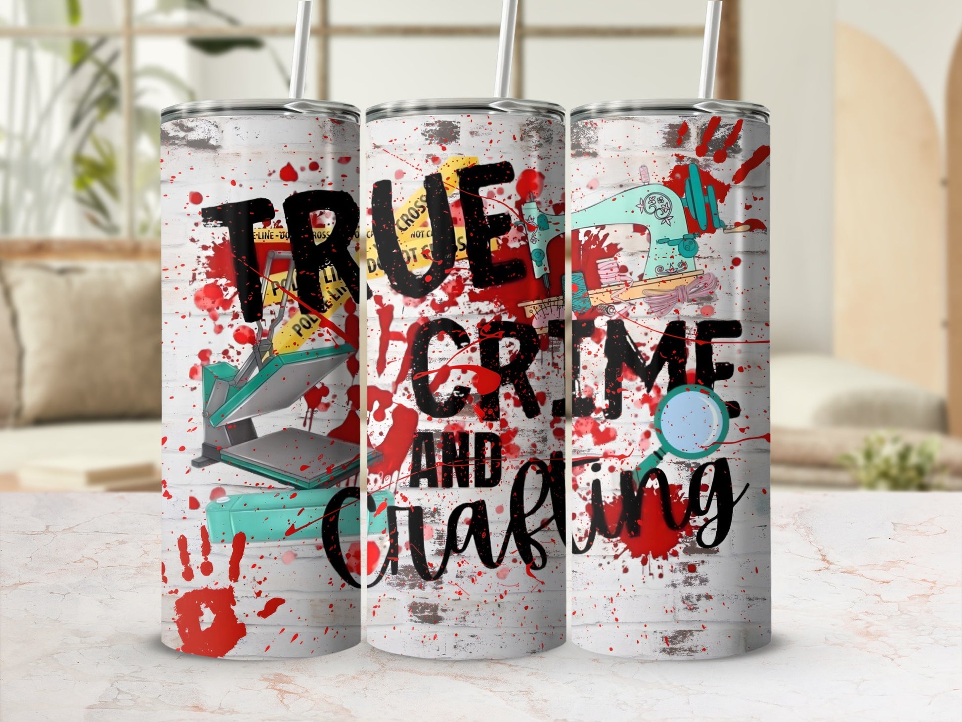 True Crime and Crafting Themed Tumbler Cup