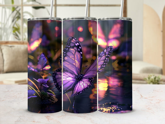 Three iridescent purple butterflies with shimmering wings on a dark, watery surface.