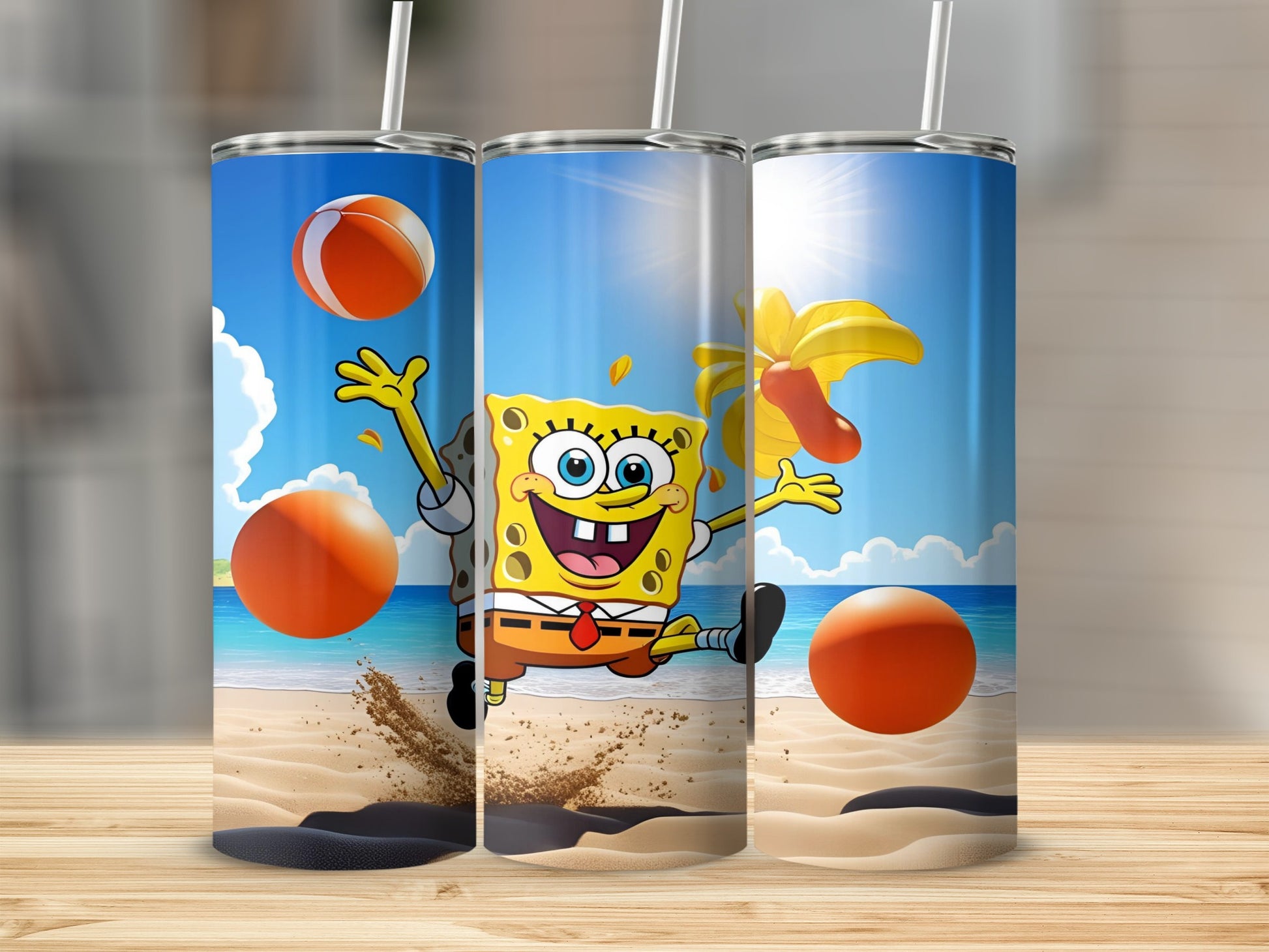 SpongeBob SquarePants with beach balls on a beach, sunshine, blue sky.