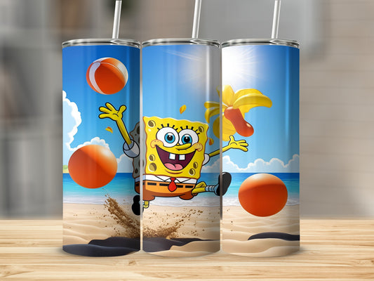 SpongeBob SquarePants with beach balls on a beach, sunshine, blue sky.