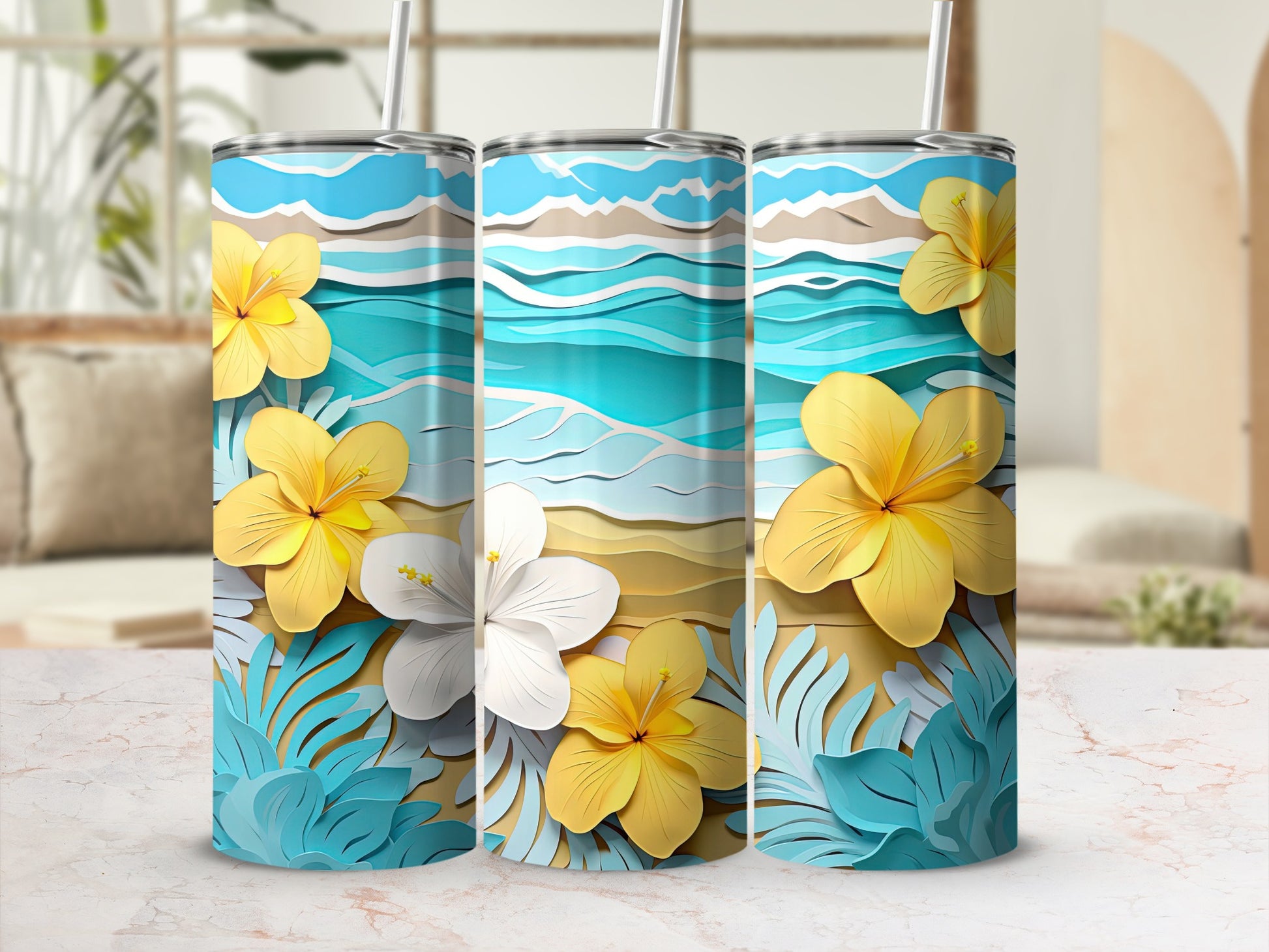 Tropical Beach Scene with Hibiscus Flowers Tumbler