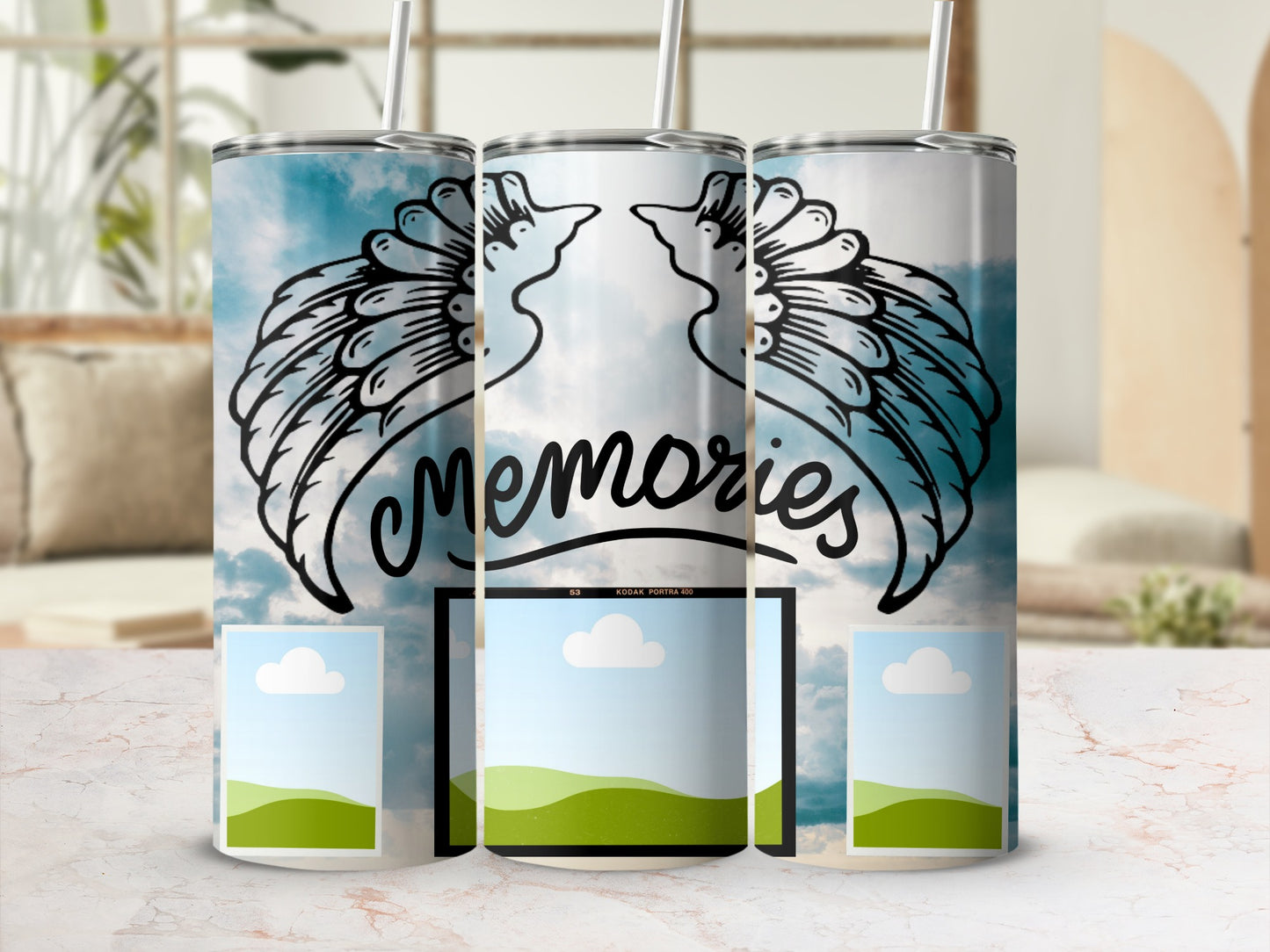 Three tumblers with angel wings and "memories" text, featuring placeholders for photos.