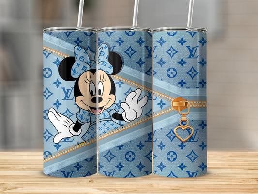 Minnie Mouse in Louis Vuitton print tumbler with gold zipper and heart charm.