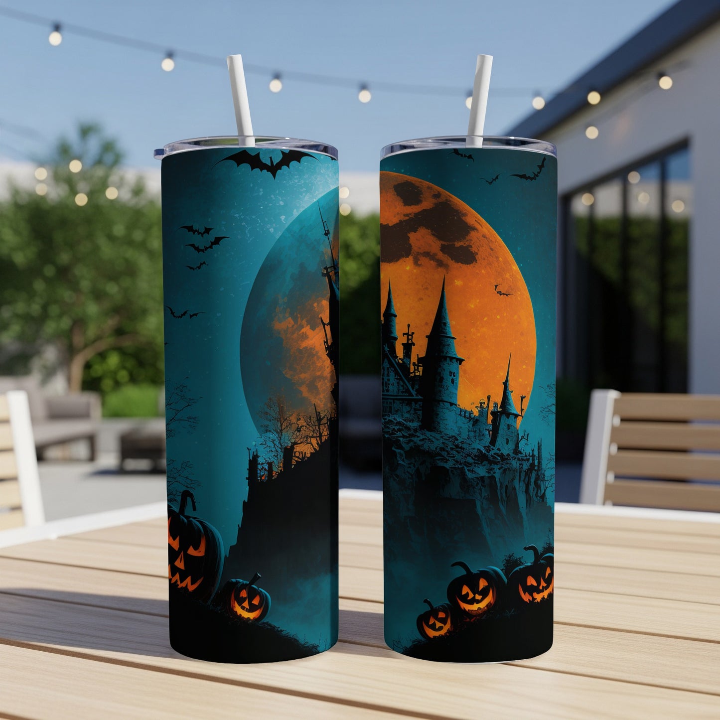 Halloween tumbler with spooky castle, bats, and jack-o'-lanterns under a large orange moon.