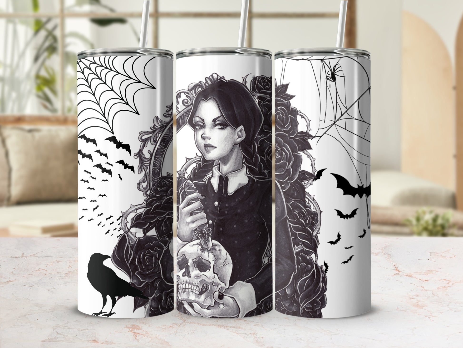 Gothic Artwork Tumbler with Skull and Bat Design