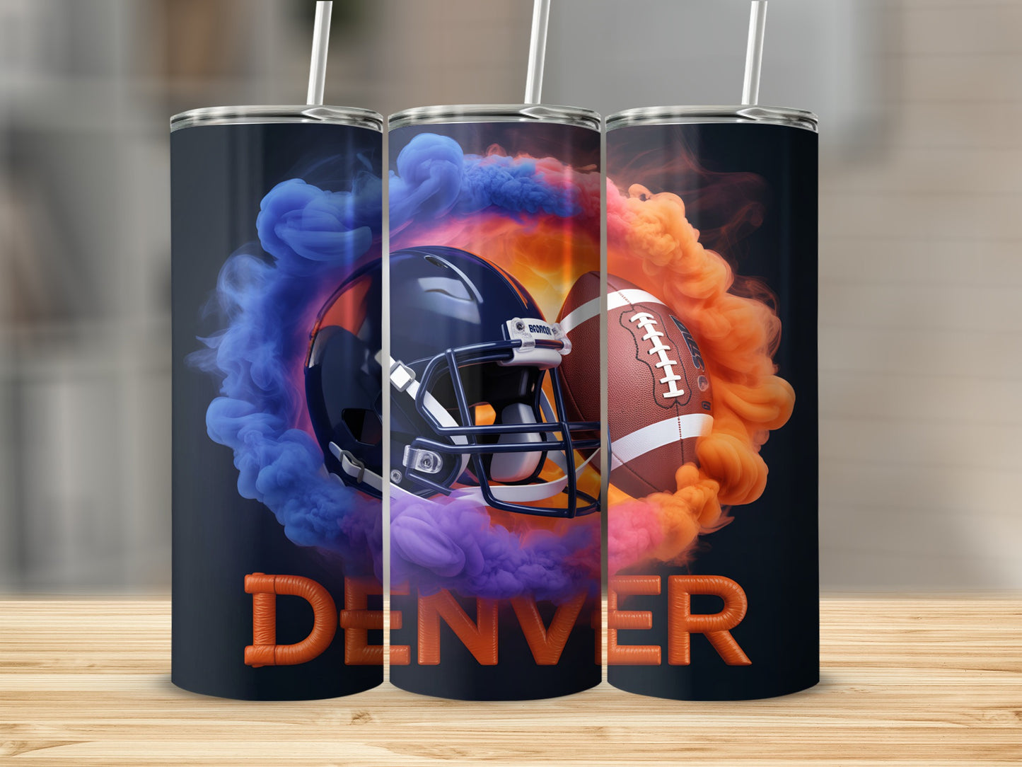 Denver Broncos football helmet and ball with orange and blue smoke.