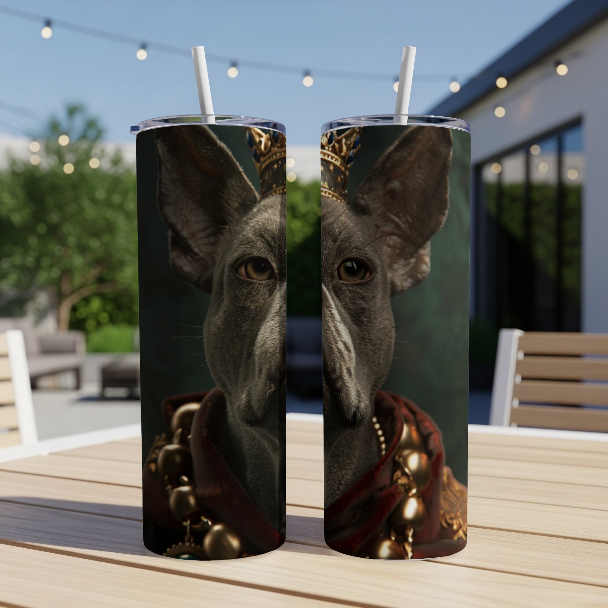 Two tall tumblers featuring a regal dog wearing a crown and ornate jewelry.