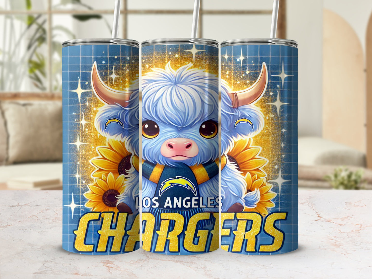 Blue Highland cow with Los Angeles Chargers logo and sunflowers.