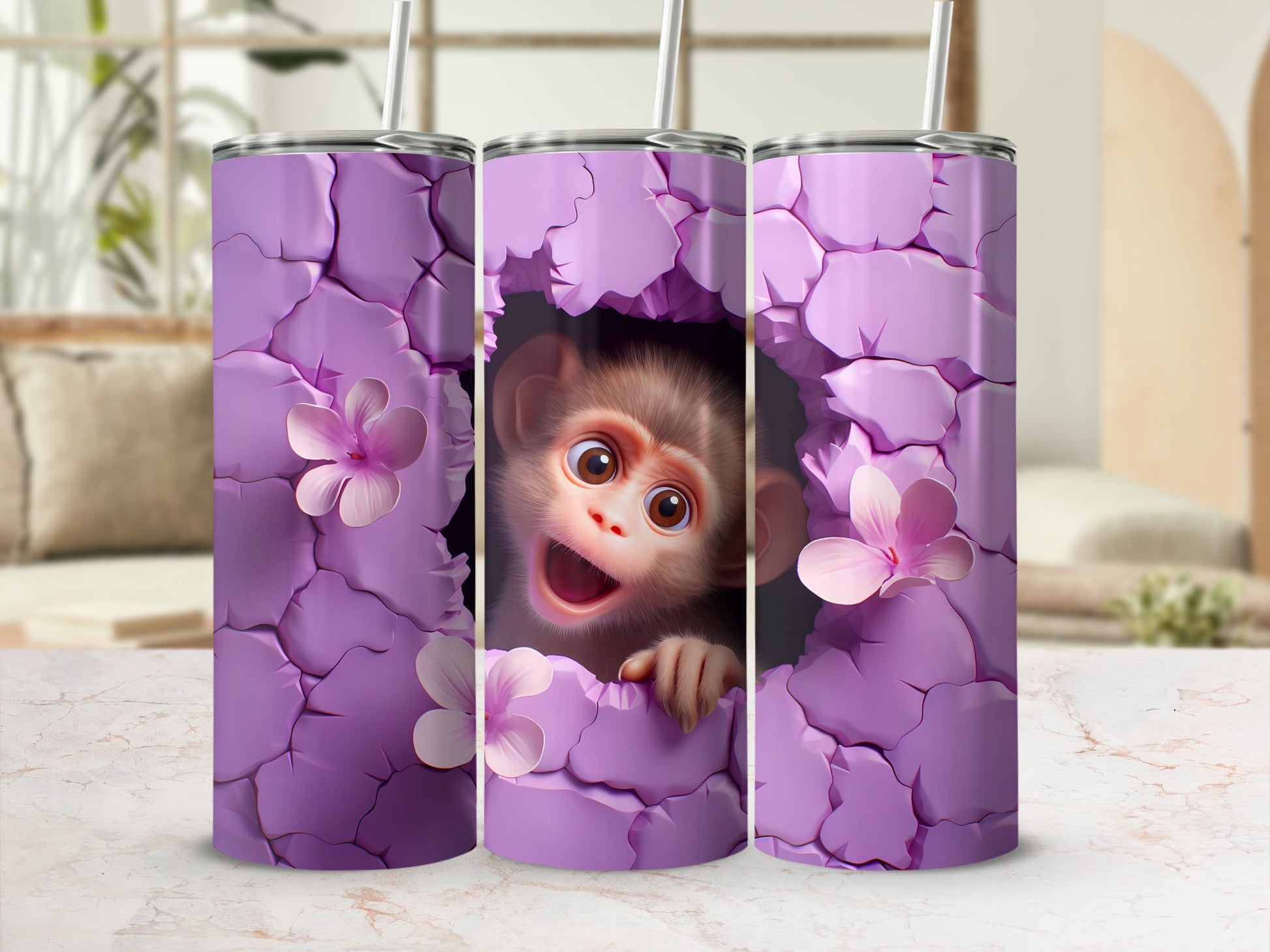Whimsical Monkey Purple Cracked Texture Pink Blossoms product type