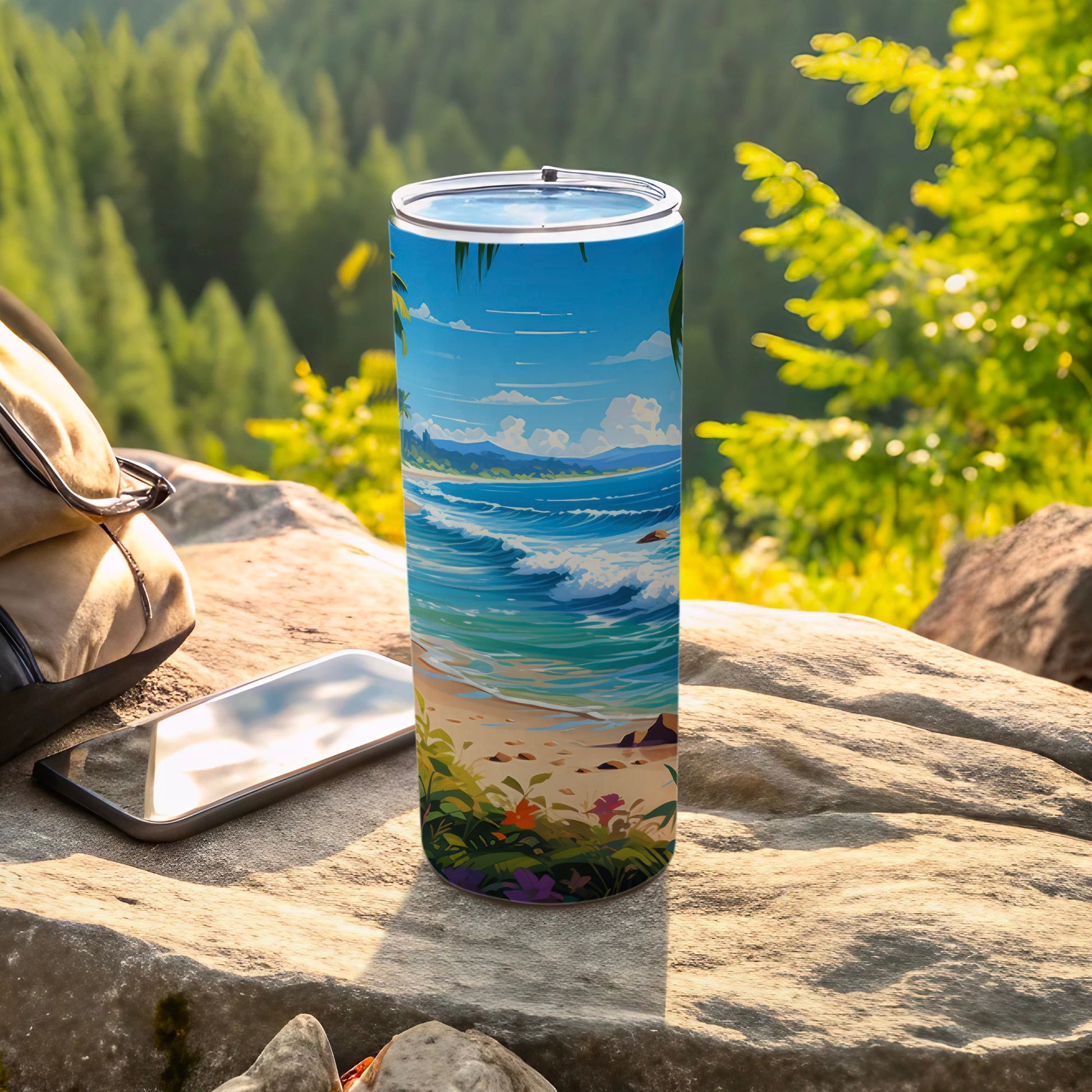 Tall tumbler with tropical beach scene artwork.