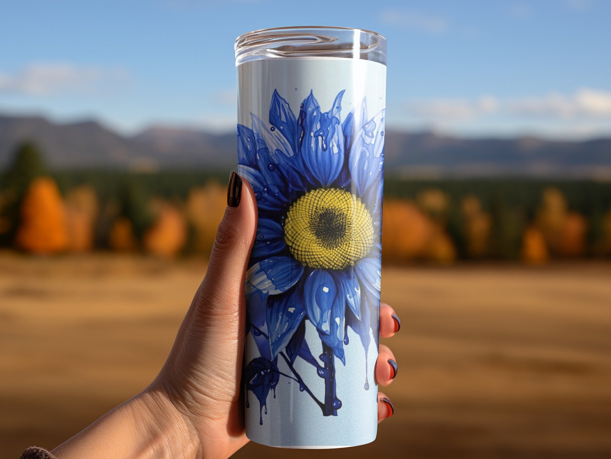 Hand Holding Blue Flower Art Outdoor Travel Mug