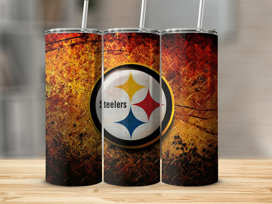 Pittsburgh Steelers logo on a grunge textured tumbler with straw