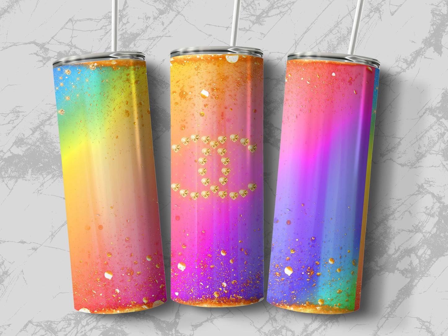 Rainbow Gradient Glitter Tumbler with Gold Details