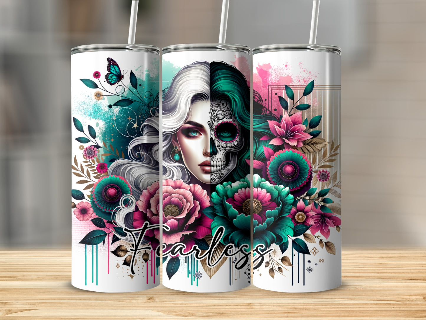 "Fearless" tumbler with skull and floral design.