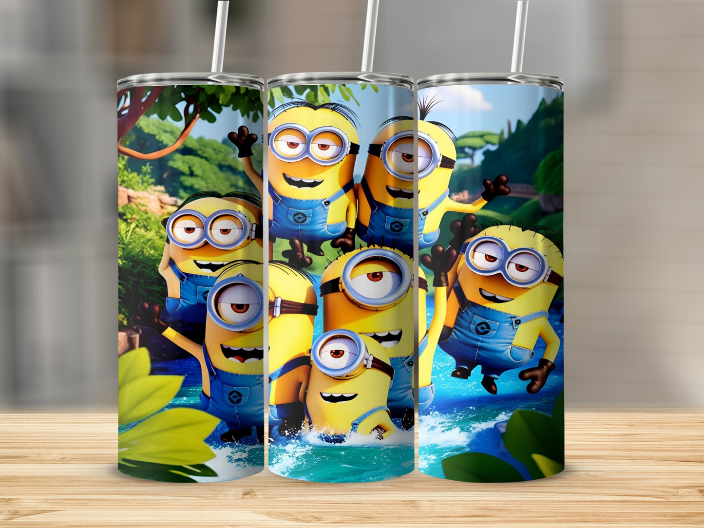 Three Minions in blue overalls splashing in water, one waving.