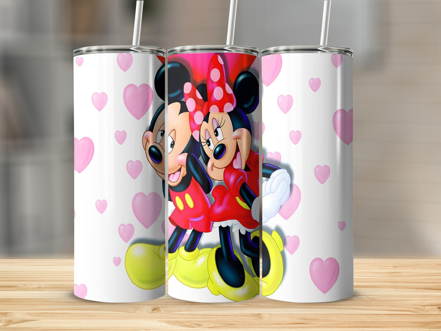Minnie and Mickey Mouse with hearts background on a tumbler.