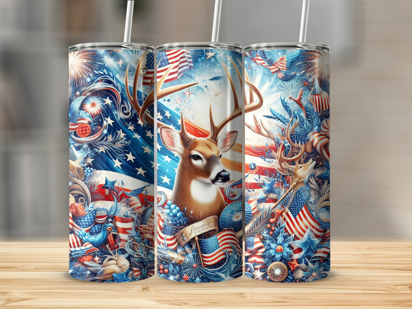 Three patriotic tumblers with deer, fireworks, and American flags.