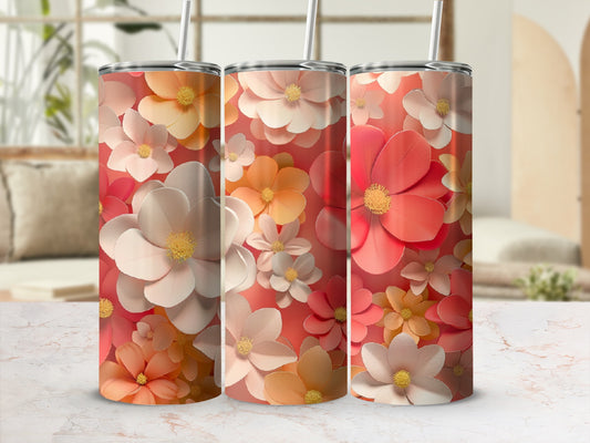 Three tumblers with coral, peach, and cream floral designs.