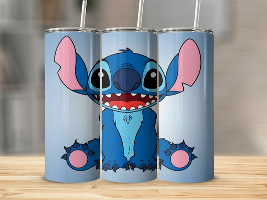 Blue cartoon character Stitch sitting with large ears and wide smile.