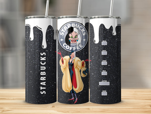 Cruella Inspired Starbucks Coffee Tumbler with Glitter Design