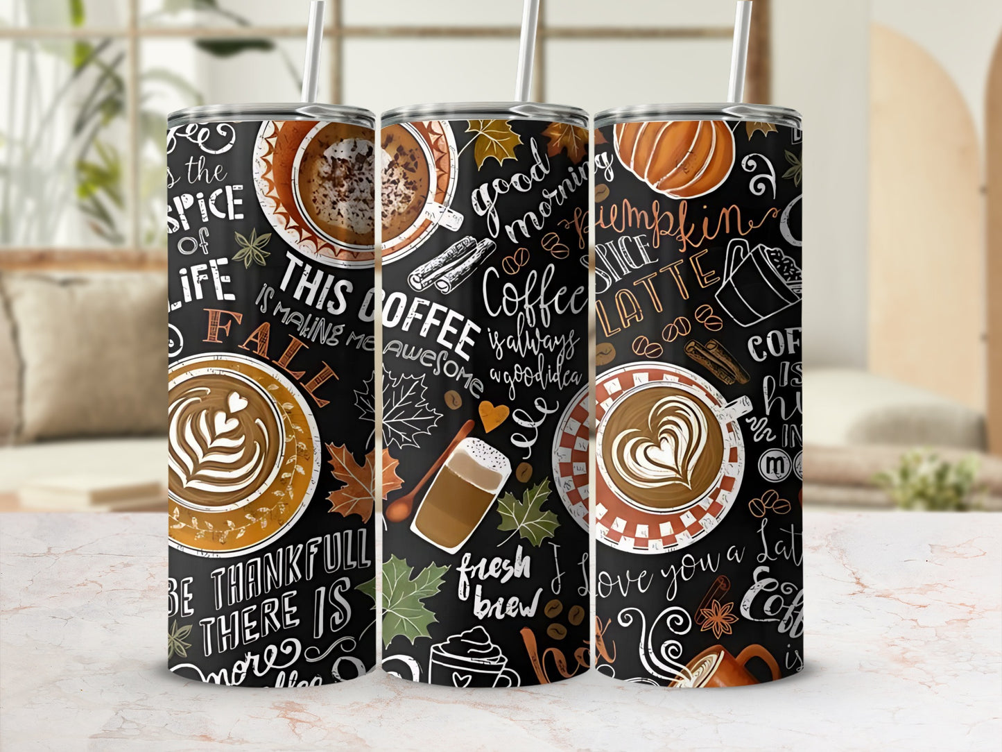 Fall Coffee Quotes Black Tumbler with Straws Drinkware