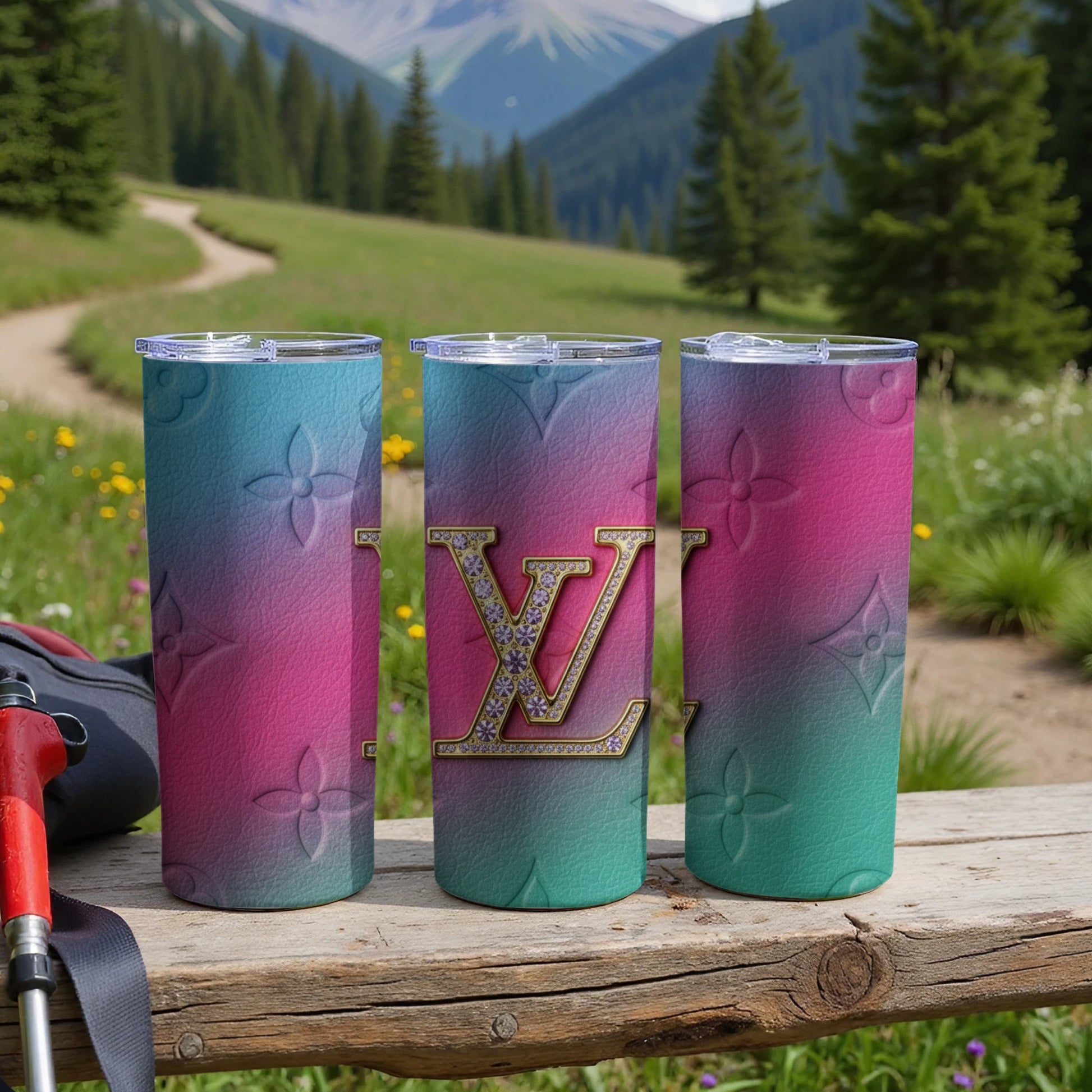 Gradient Floral Pattern LV Logo Travel Mug