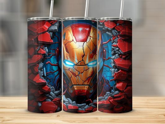 Vibrant superhero face design graphic on drinkware