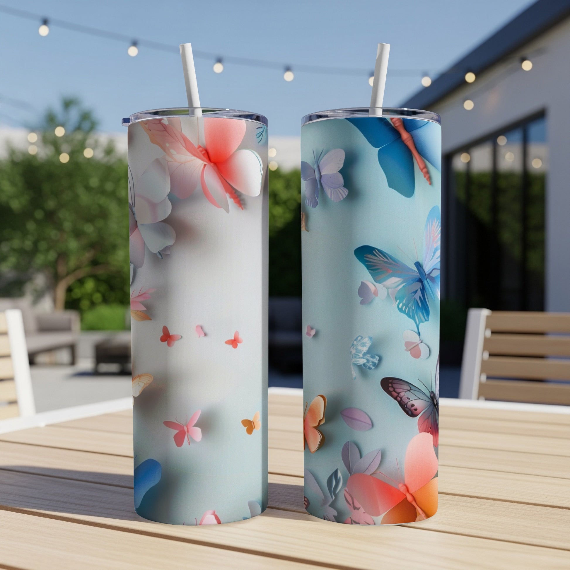 Two tumblers with butterfly and floral designs on a table.