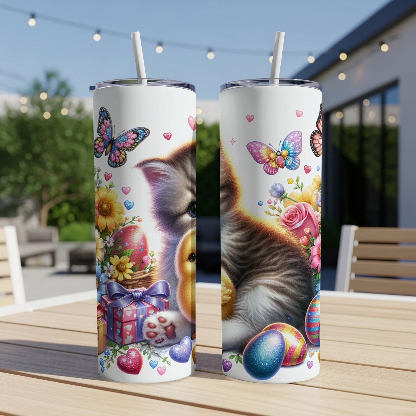 Easter-themed tumbler with kitten, chick, butterflies, and colorful eggs.