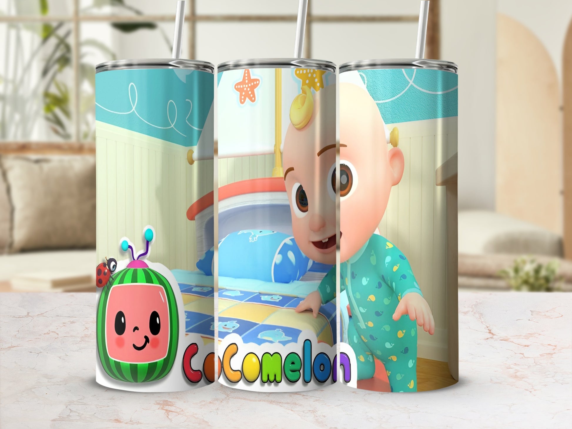 Cocomelon tumbler with JJ and watermelon character, featuring a bedroom background.
