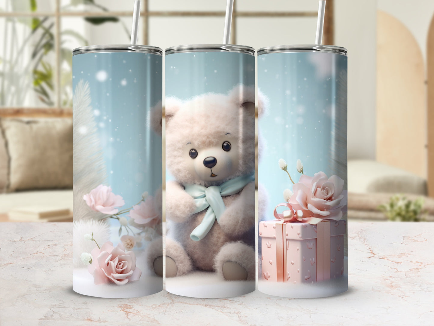 Cute Teddy Bear and Roses Design Tumbler for Gifts