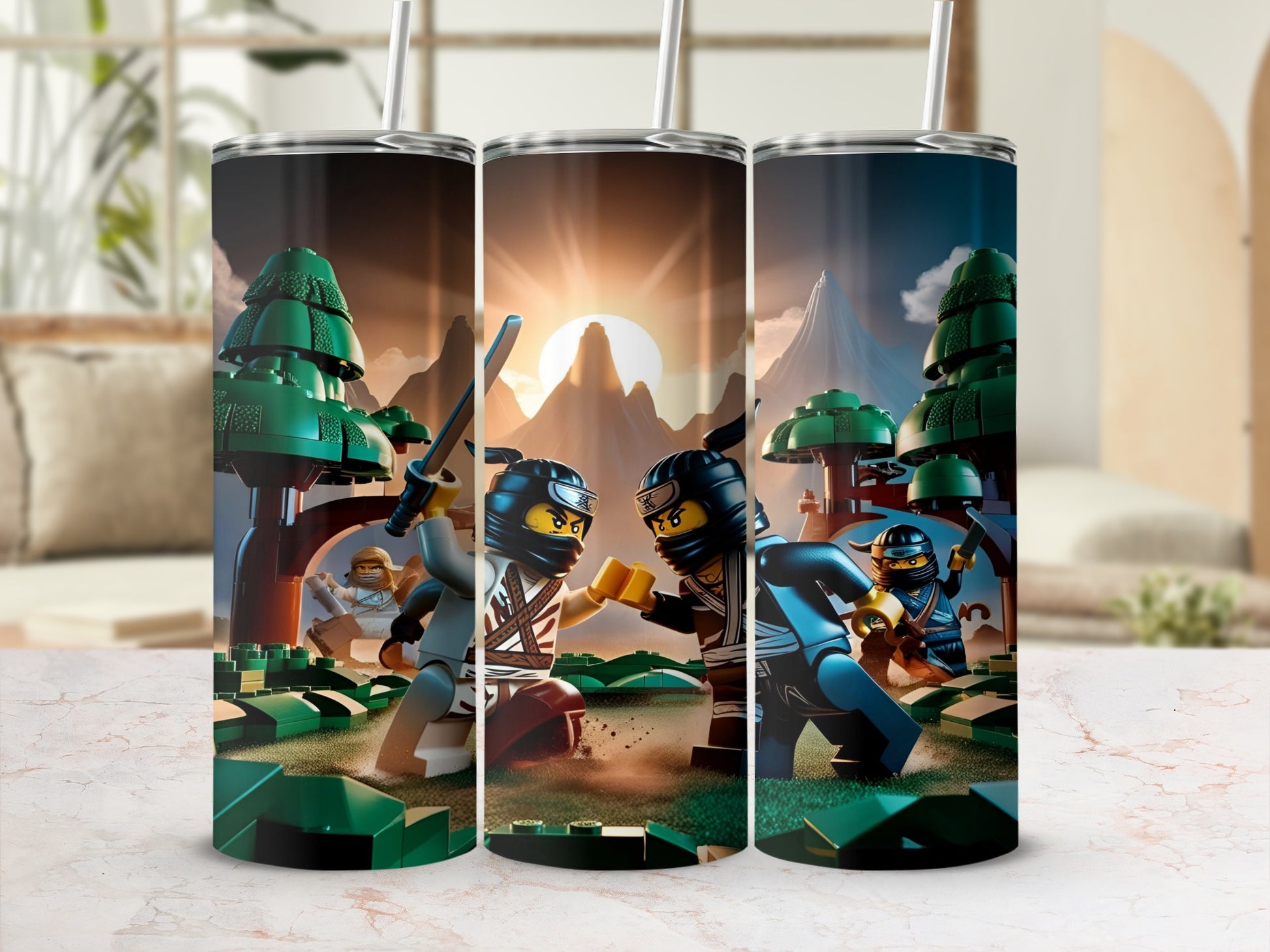 Ninja figures fighting on a textured background with mountains and sun.