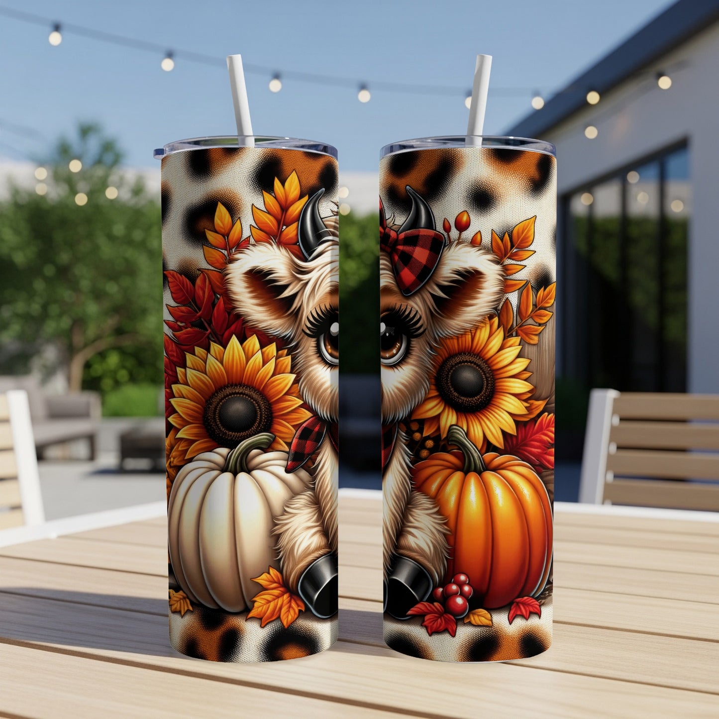 Two tumblers with a cartoon cow, pumpkins, and sunflowers, on a wooden table.