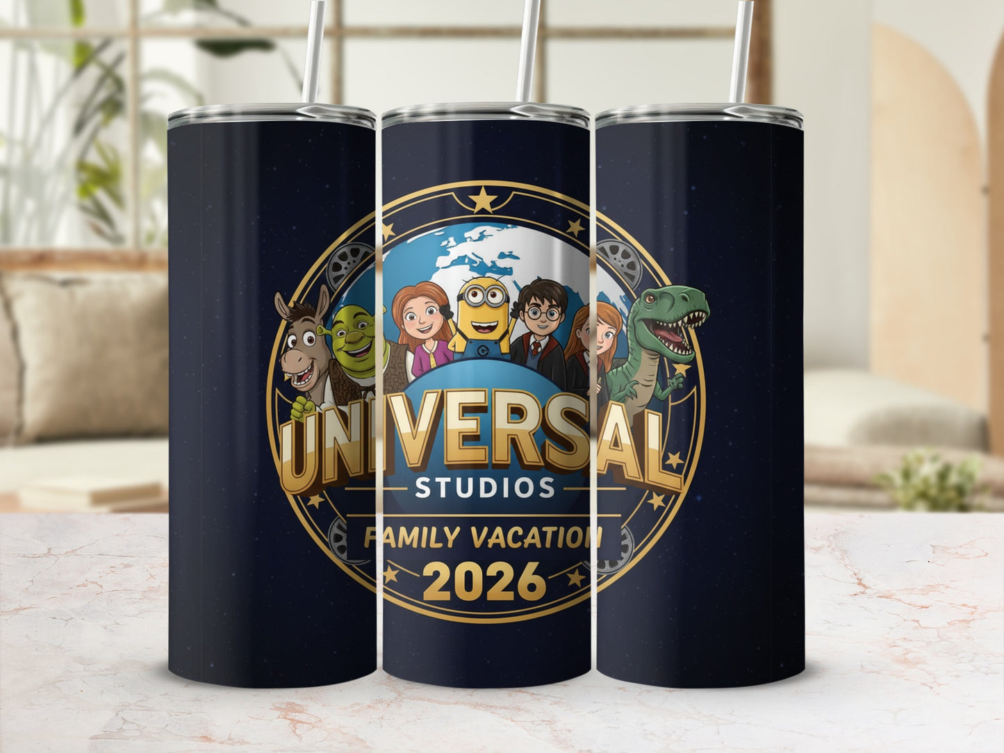 Universal Studios Family Vacation 2026 tumbler with cartoon characters and Earth.