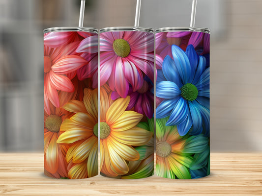 Three floral tumblers with gradient flower designs in orange, pink, and blue.