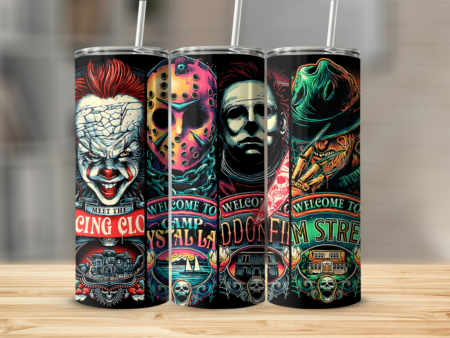 Tumblers featuring Pennywise, Jason Voorhees, Michael Myers, and Freddy Krueger designs.