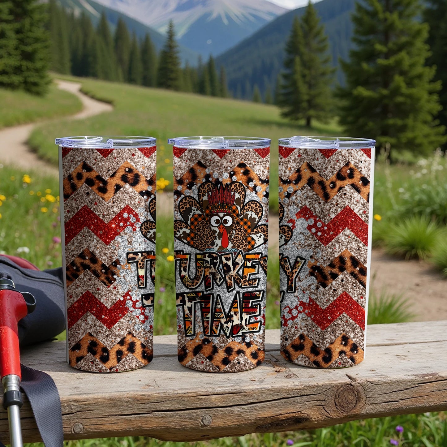 Three tumblers featuring a Thanksgiving turkey and leopard print design.