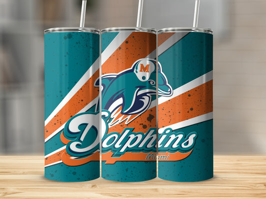 Three Miami Dolphins tumblers with orange, teal, and white diagonal stripe design.