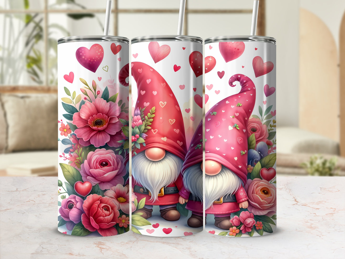 Two Valentine's Day gnomes surrounded by pink flowers and hearts.