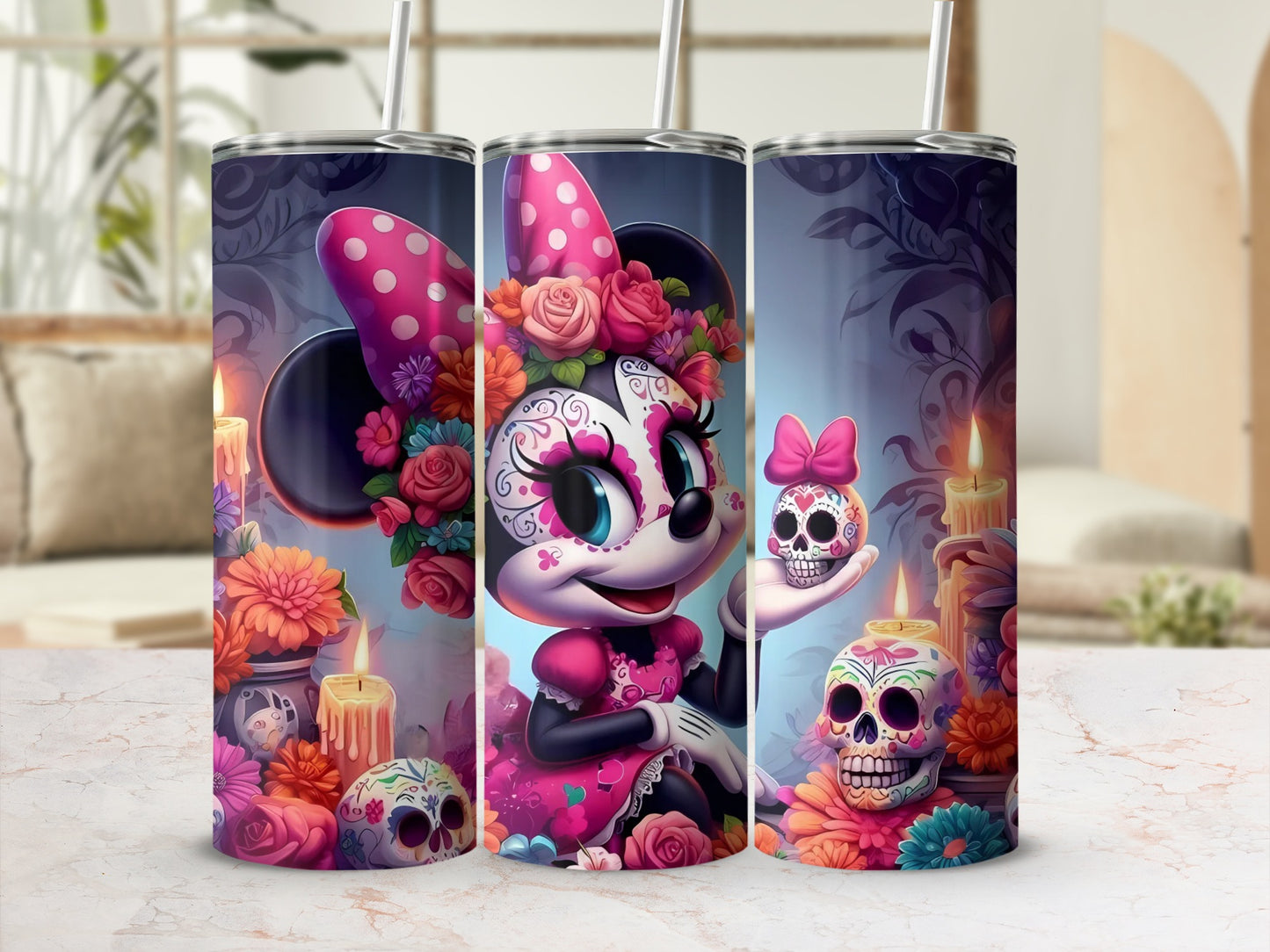 Vibrant Sugar Skull Character with Flowers and Candles Tumbler