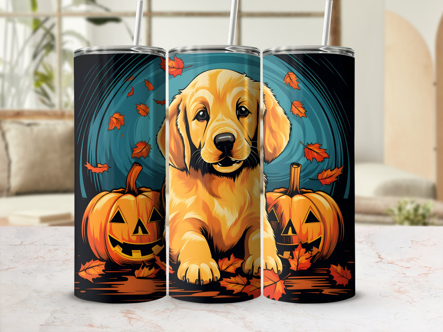 Golden Retriever puppy with pumpkins and autumn leaves on tumblers.
